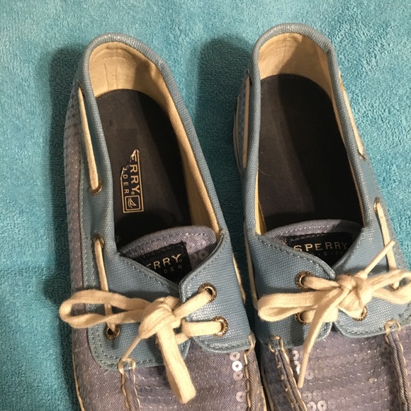 Light Bahama Blue Sequin Sparkle Sperry’s Flats - Picture 4 of 7